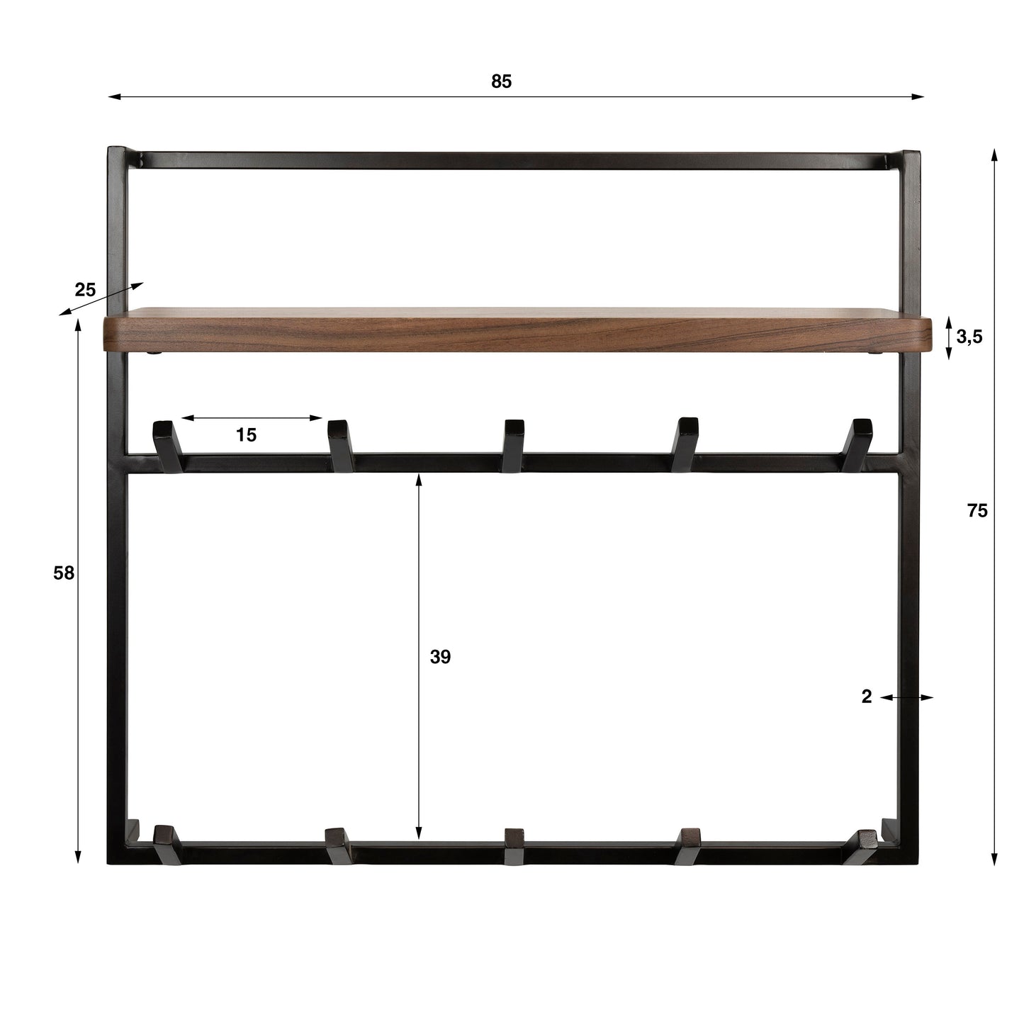 Garderobe – 5 haken – 85×25×75 cm – Massiv Akazie braun | Modell N0168