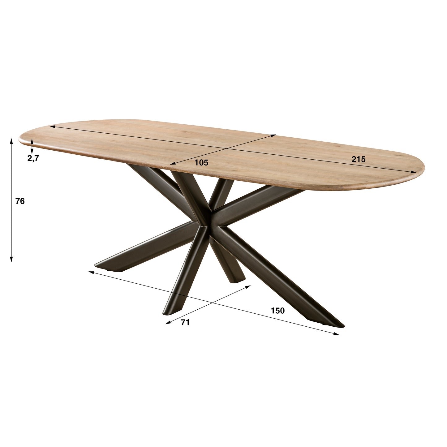 Esstisch – oval – 215×105×76 cm – Massiv Mango sand | Modell N0319
