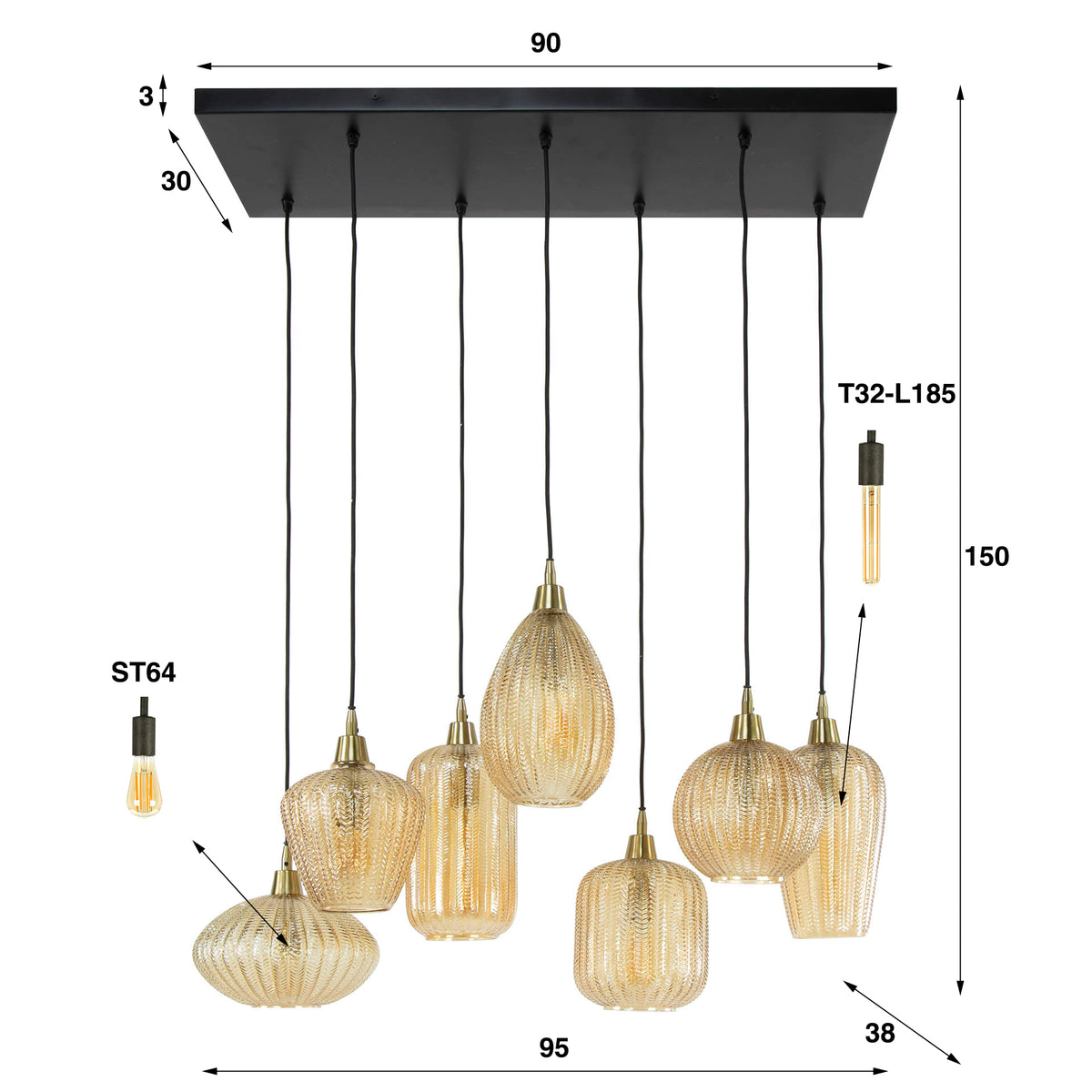 Pendelleuchte – 95×38×150 cm – Amberfarbenes Glas | Modell N0375