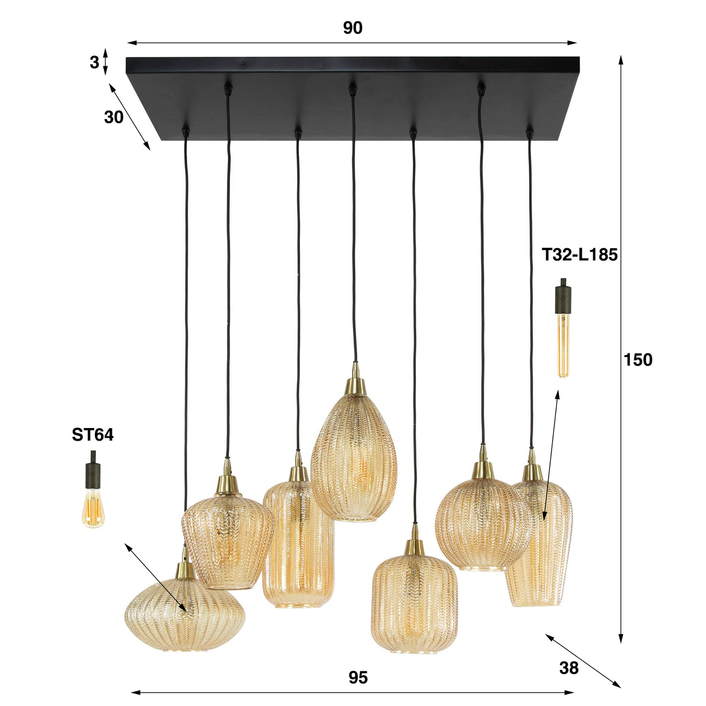 Pendelleuchte – 95×38×150 cm – Amberfarbenes Glas | Modell N0375