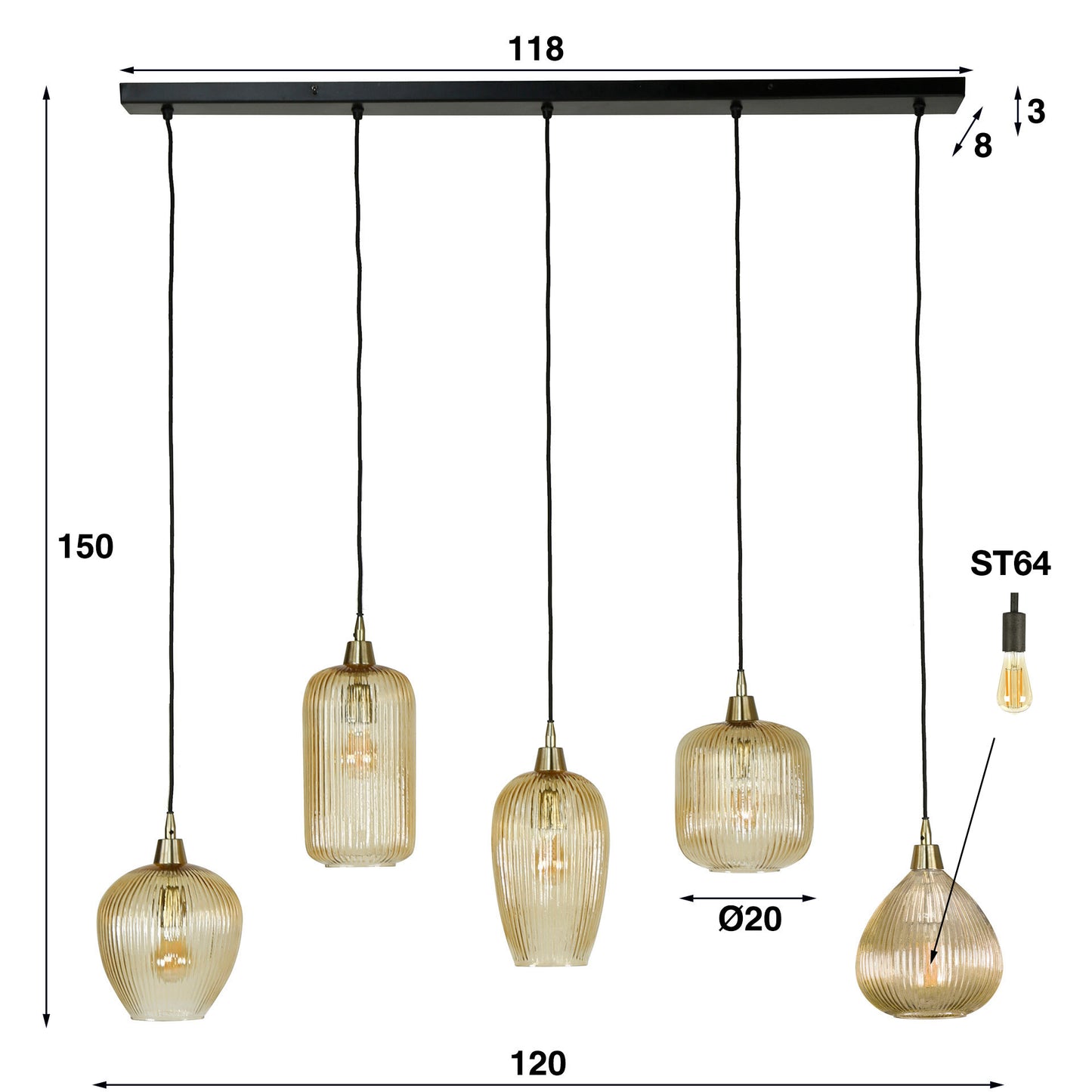Pendelleuchte – 120×20×150 cm – Amberfarbenes Glas | Modell N0377