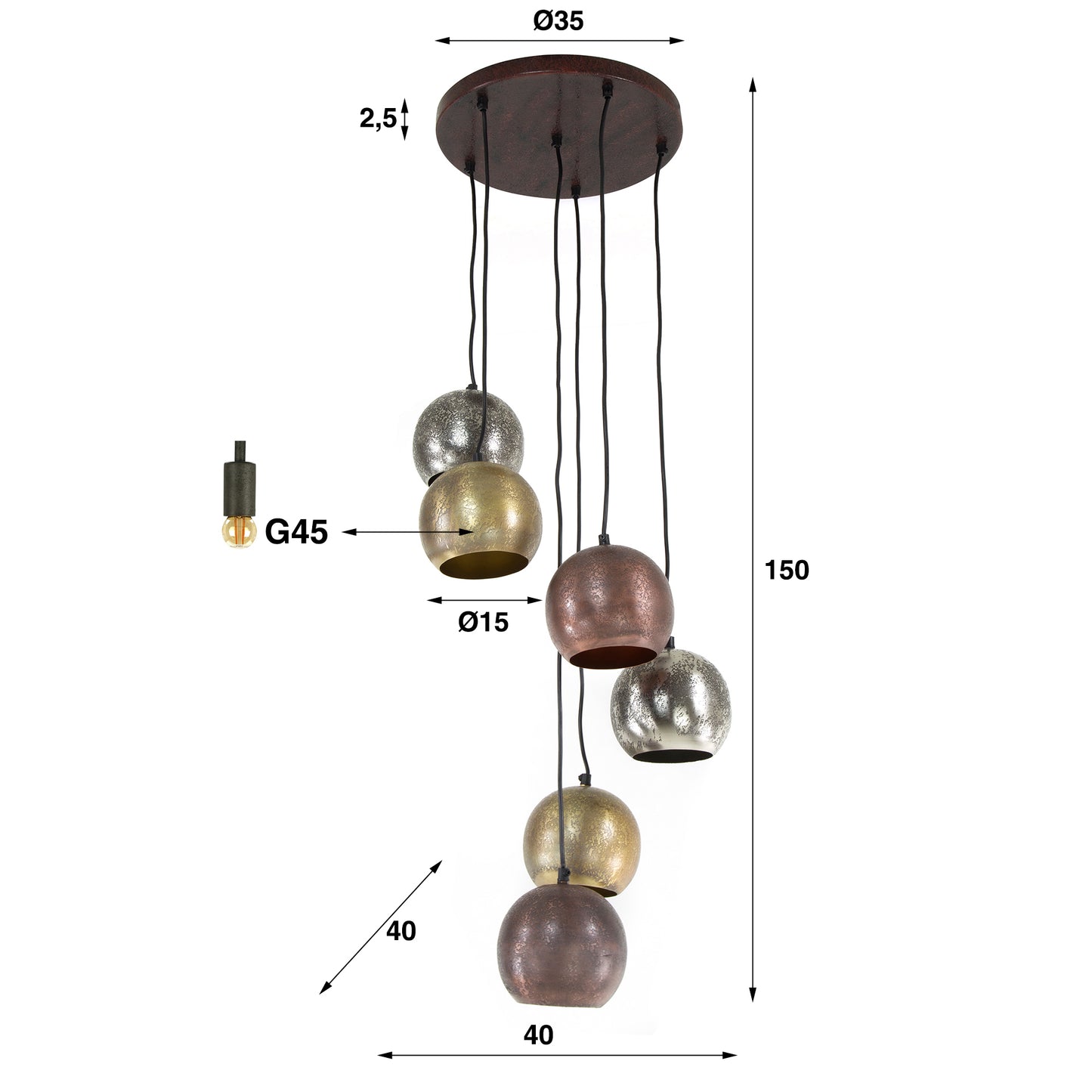 Pendelleuchte – 40×40×150 cm – Mattnickel-Mix | Modell N0389