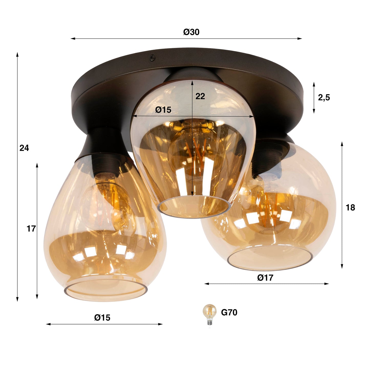 Deckenleuchte – 41×41×24 cm – Amberfarbenes Glas | Modell N0470