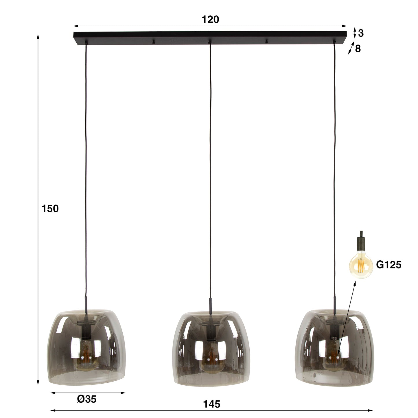 Pendelleuchte – 145×35×150 cm – Smoke grey Glas | Modell N0496