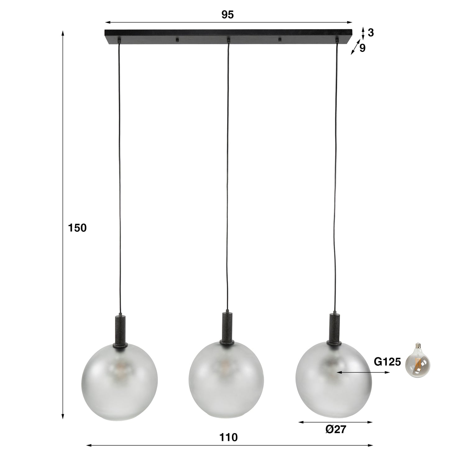 Pendelleuchte – 110×27×150 cm – Frosted grau | Modell N0552