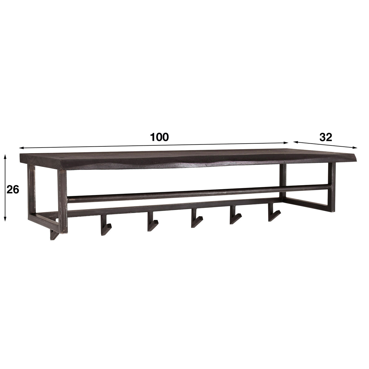 Garderobe – hutablage 6 haken – 100×32×26 cm – Massive Akazie schwarz | Modell N0005