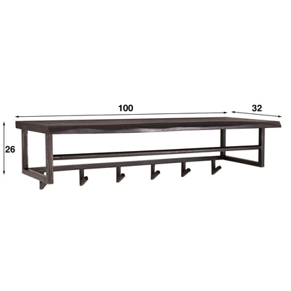 Garderobe – hutablage 6 haken – 100×32×26 cm – Massive Akazie schwarz | Modell N0005