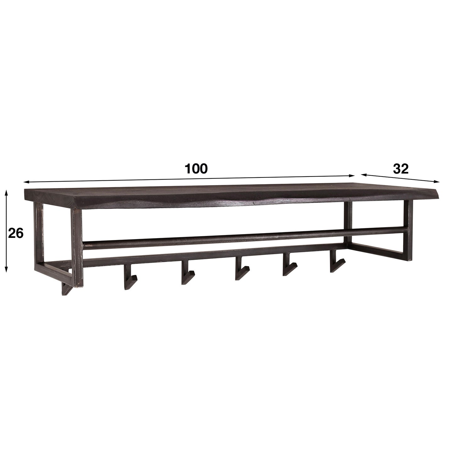 Garderobe – hutablage 6 haken – 100×32×26 cm – Massive Akazie schwarz | Modell N0005