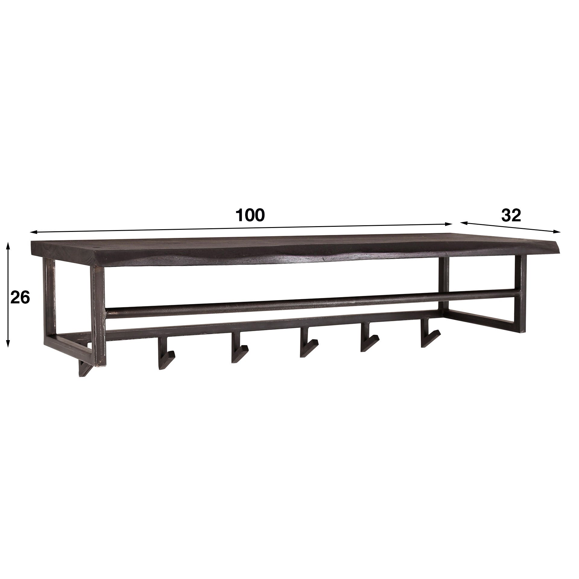 Garderobe – hutablage 6 haken – 100×32×26 cm – Massive Akazie schwarz | Modell N0005