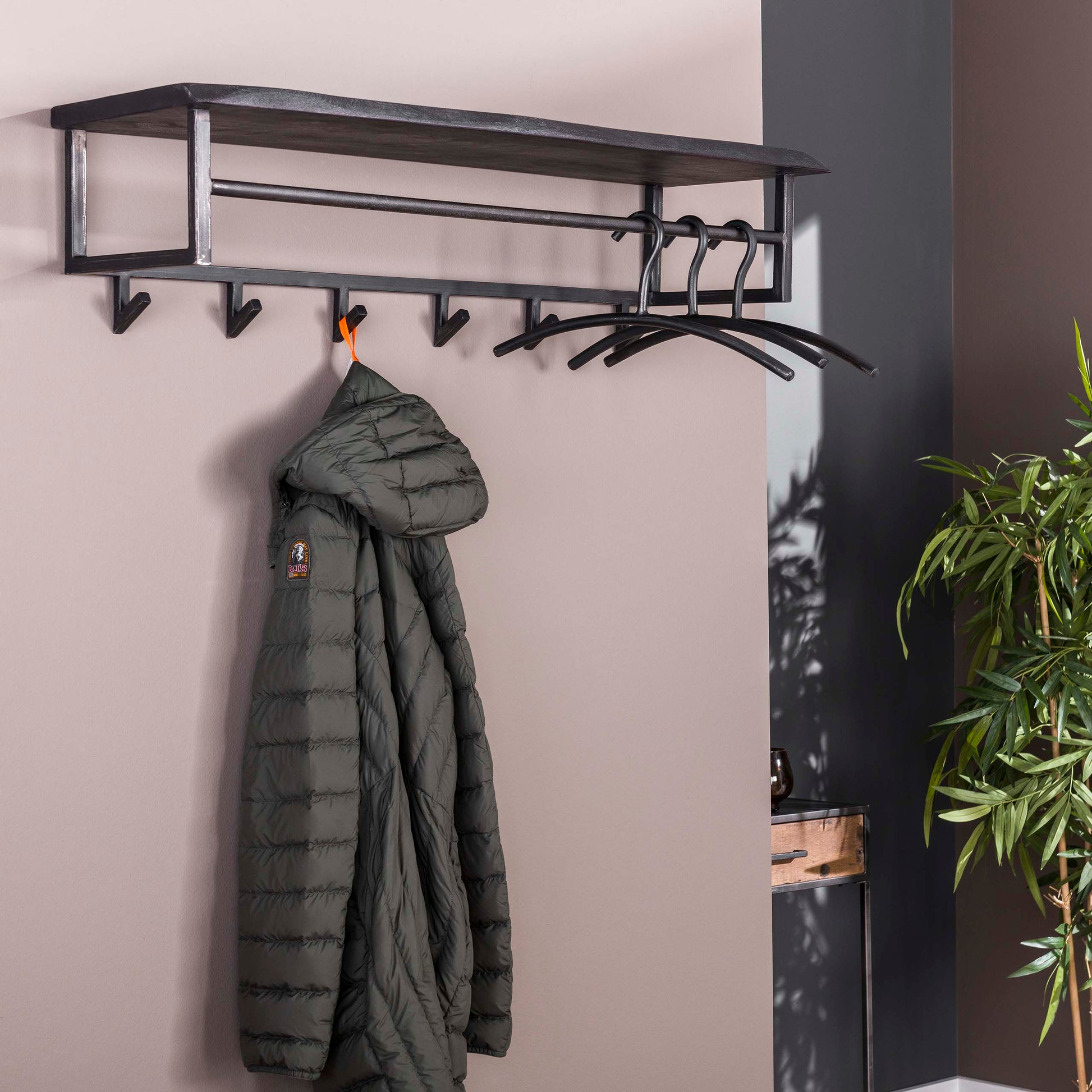 Garderobe – hutablage 6 haken – 100×32×26 cm – Massive Akazie schwarz | Modell N0005