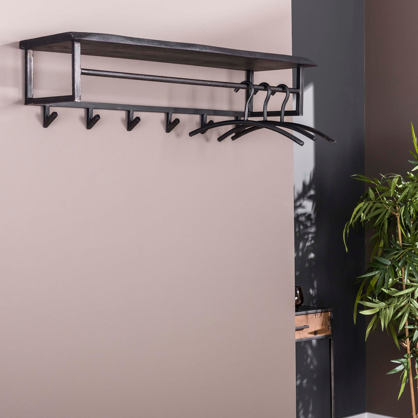 Garderobe – hutablage 6 haken – 100×32×26 cm – Massive Akazie schwarz | Modell N0005