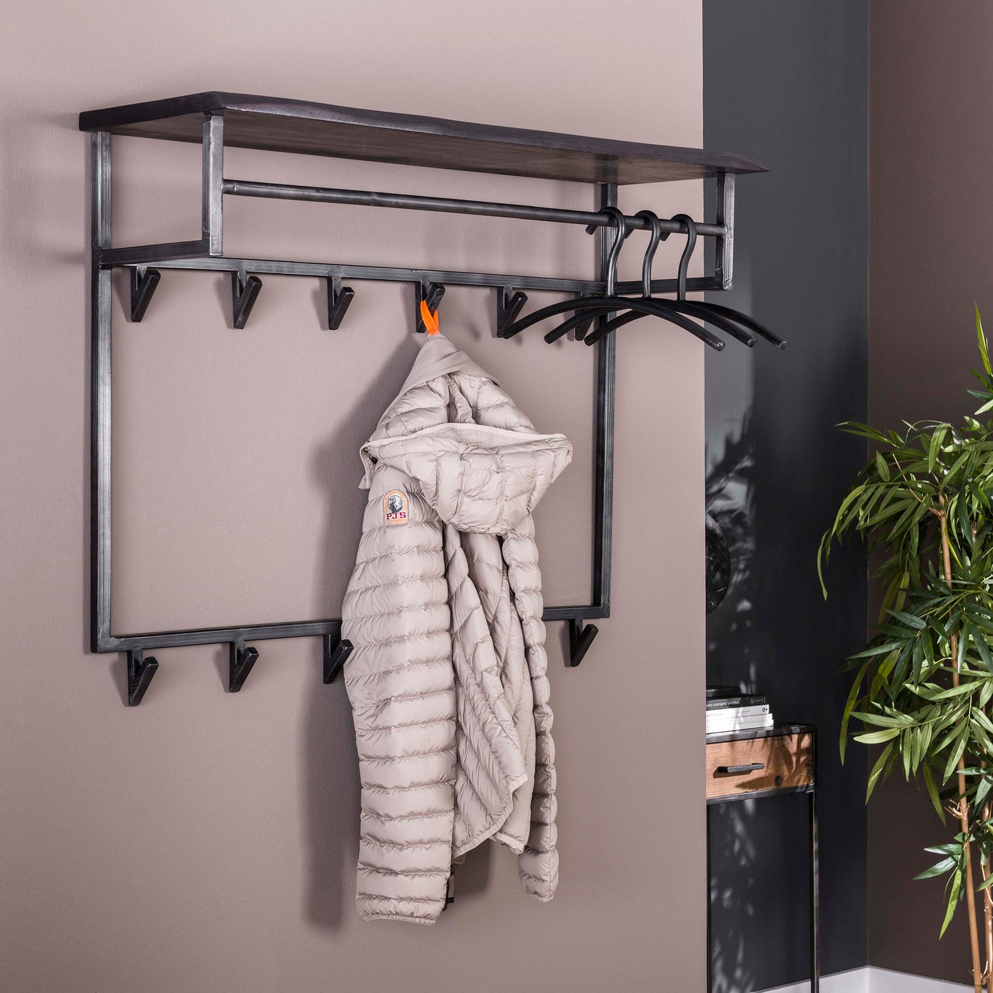 Garderobe – hutablage 12 haken – 100×33×80 cm – Massive Akazie schwarz | Modell N0006