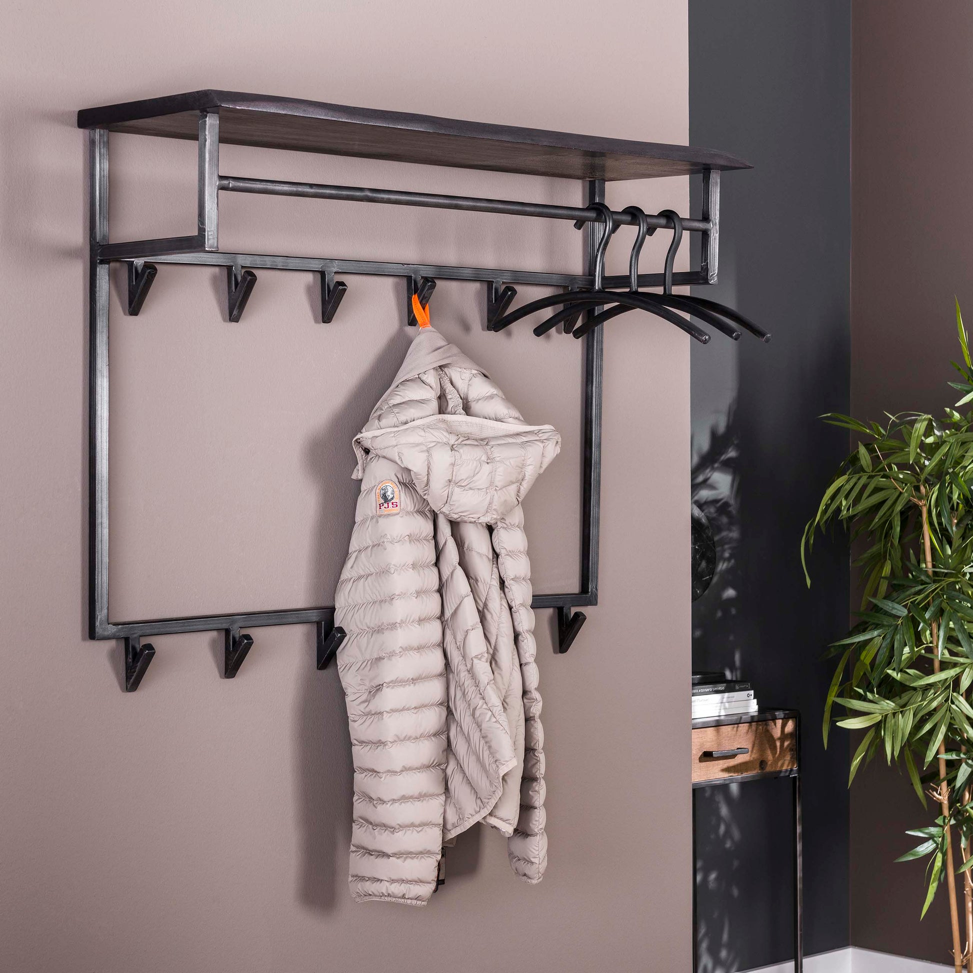 Garderobe – hutablage 12 haken – 100×33×80 cm – Massive Akazie schwarz | Modell N0006