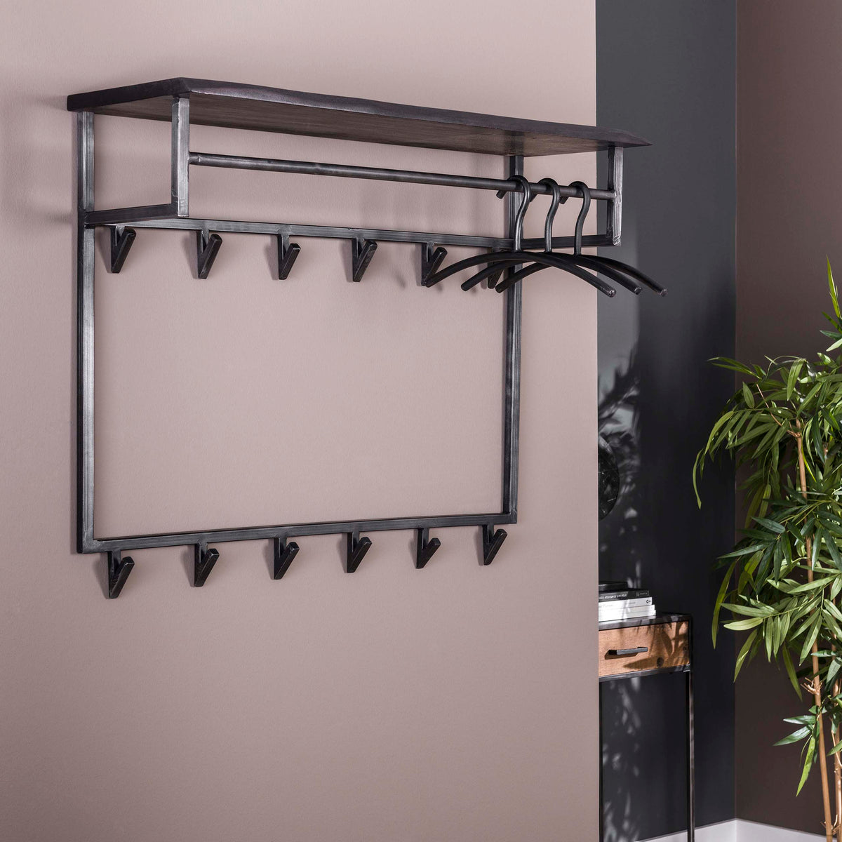 Garderobe – hutablage 12 haken – 100×33×80 cm – Massive Akazie schwarz | Modell N0006
