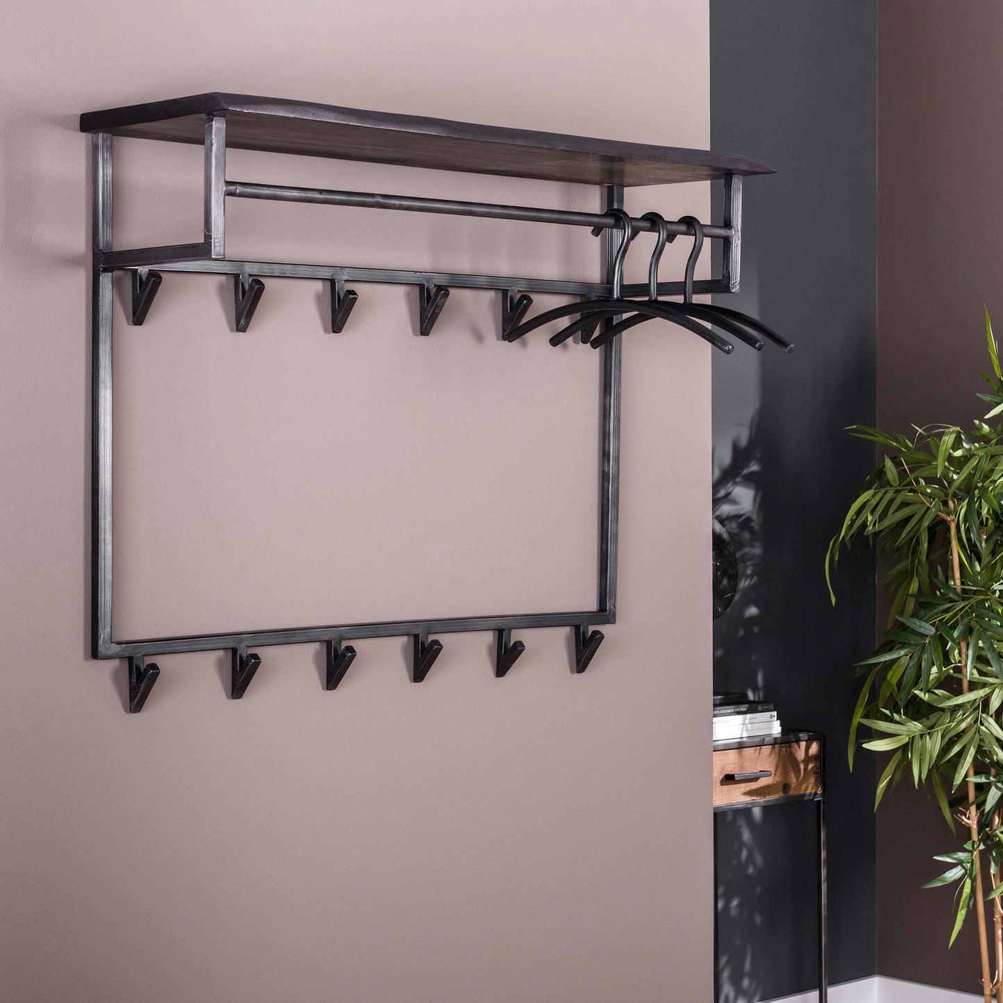 Garderobe – hutablage 12 haken – 100×33×80 cm – Massive Akazie schwarz | Modell N0006