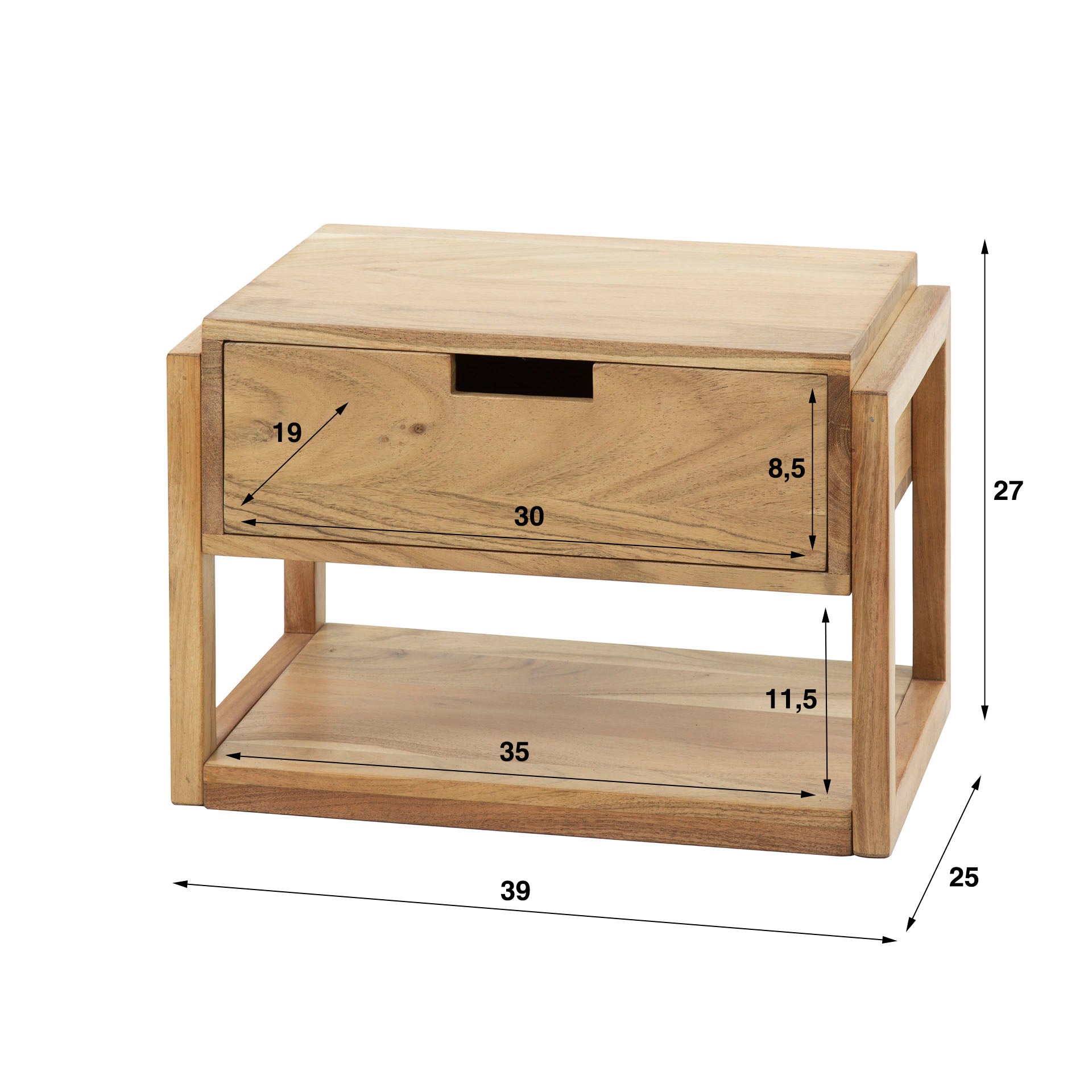 Nachttisch – 39×25×27 cm – Massiv Akazie | Modell N0011
