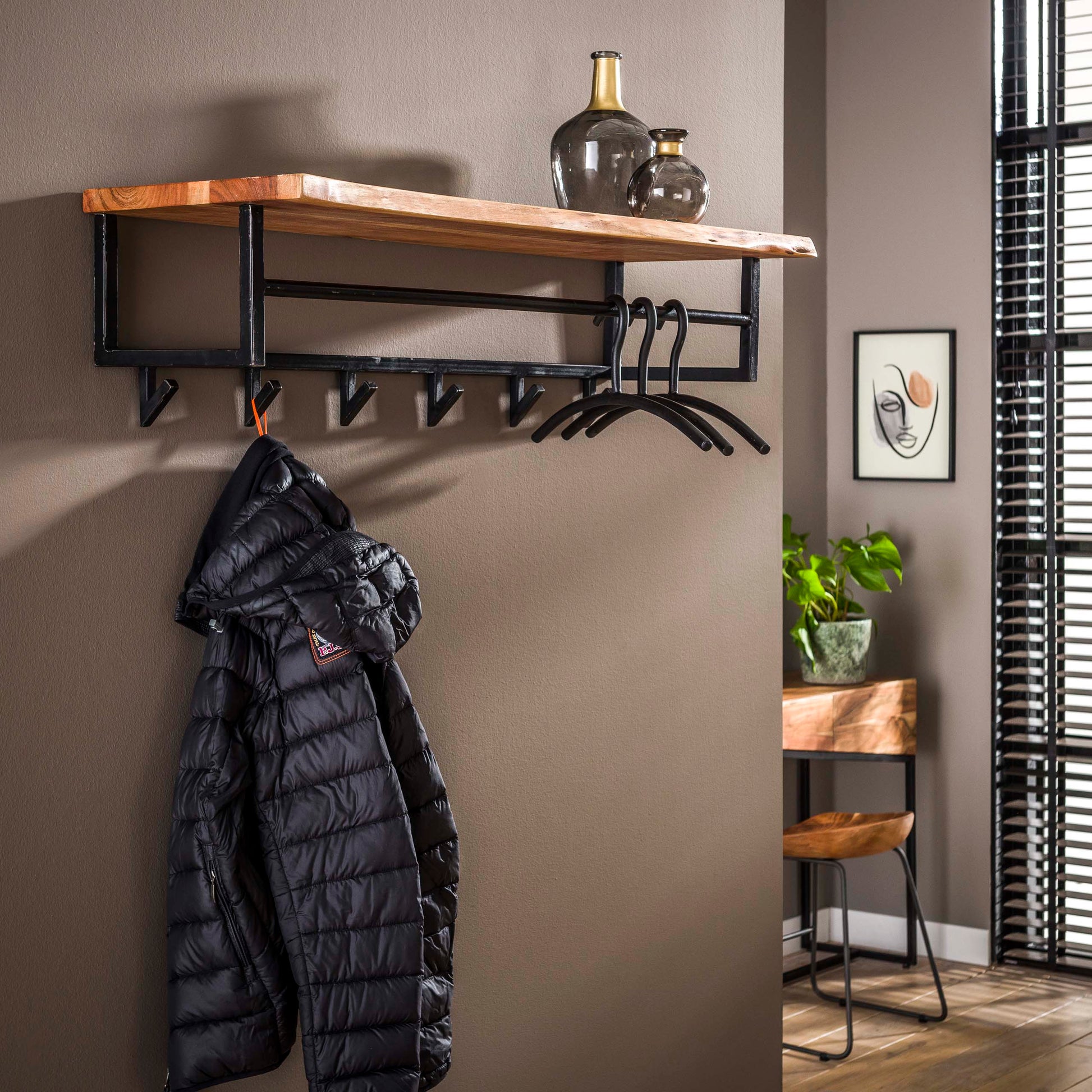 Garderobe – hutablage 6 haken – 100×33×27 cm – Massiv Akazie | Modell N0078