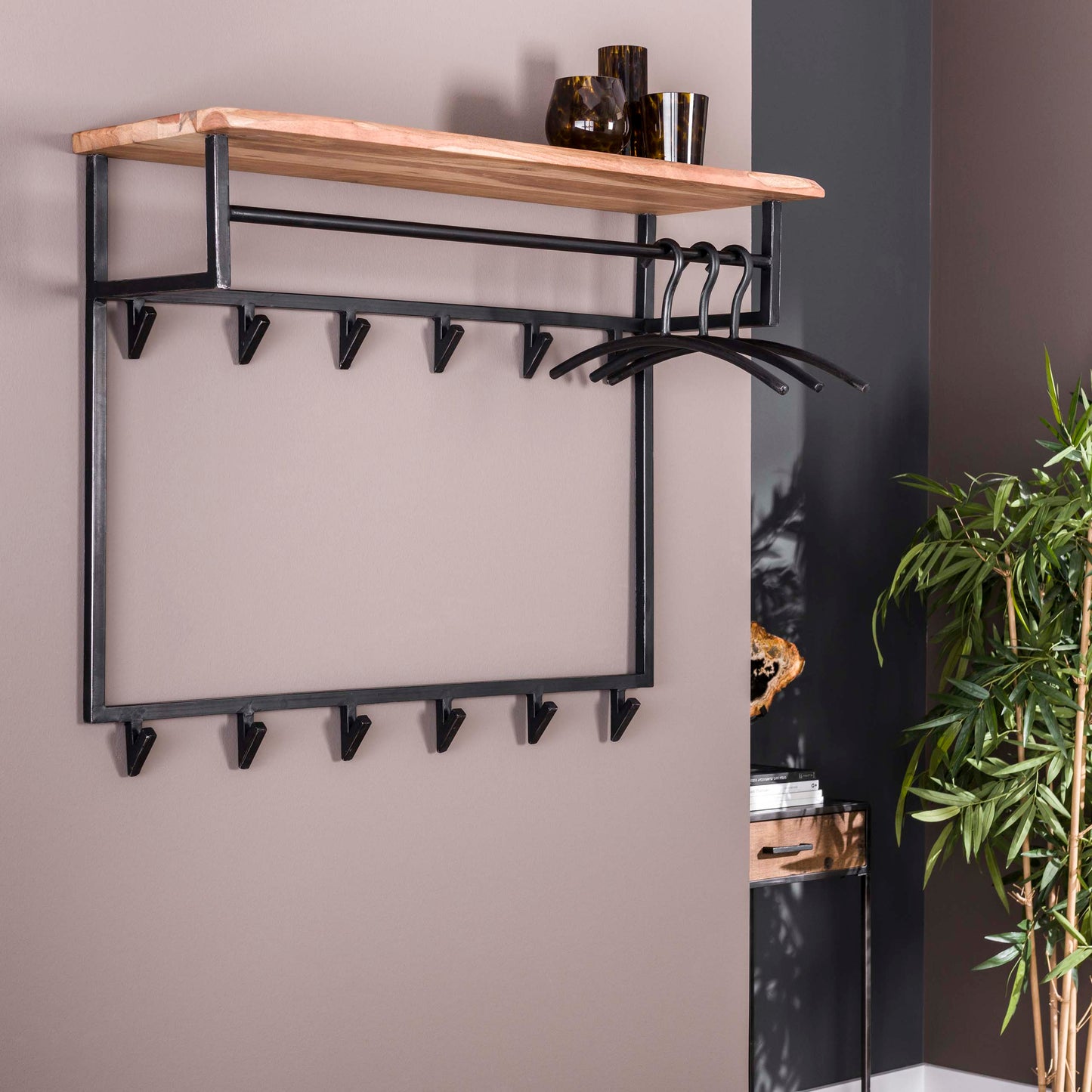 Garderobe – hutablage 12 haken – 100×33×80 cm – Massiv Akazie | Modell N0079