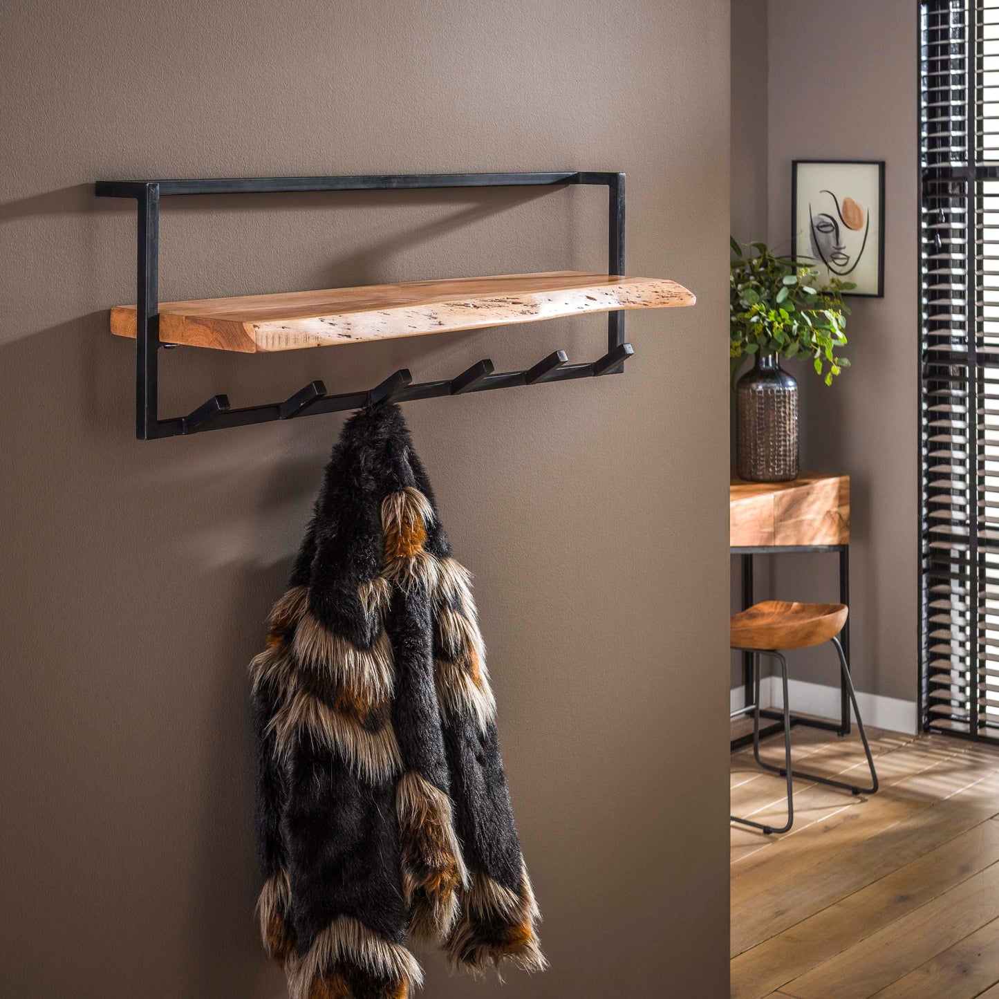 Garderobe – hutablage 6 haken – 100×25×32 cm – Massiv Akazie | Modell N0100