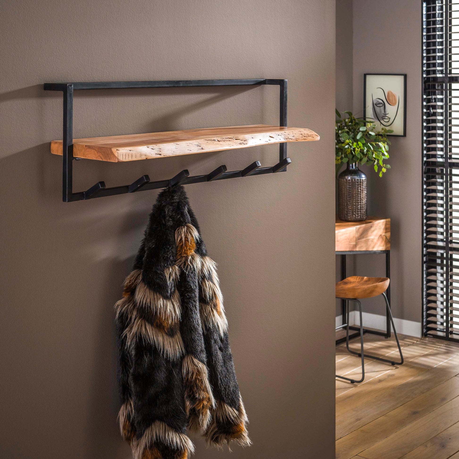 Garderobe – hutablage 6 haken – 100×25×32 cm – Massiv Akazie | Modell N0100