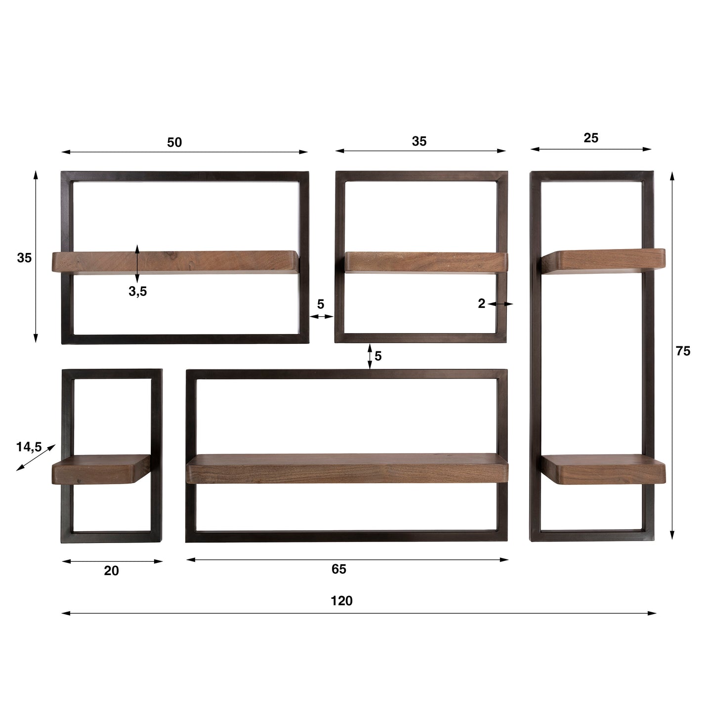 Wandregal – 120×15×75 cm – Massiv Akazie braun | Modell N0158