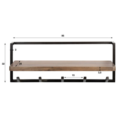 Garderobe – 6 haken – 85×25×32 cm – Massiv Akazie braun | Modell N0167
