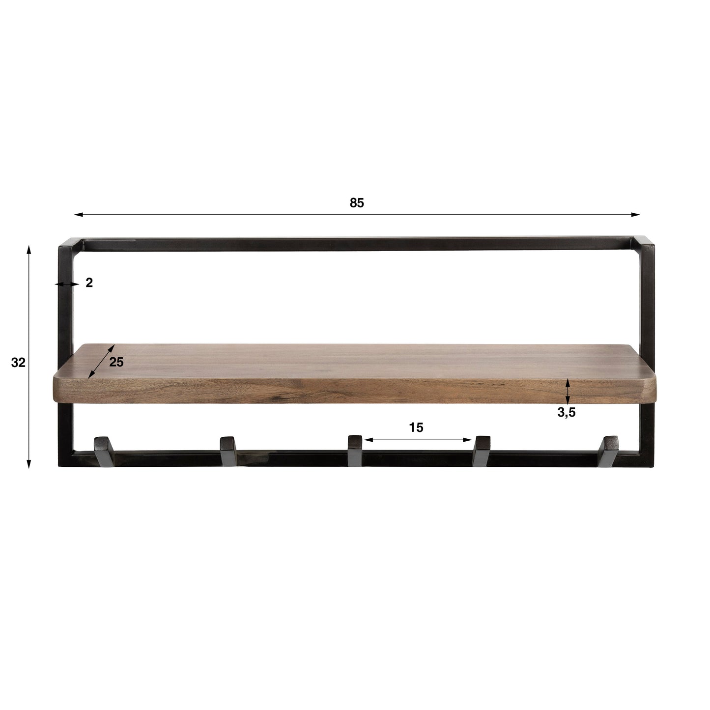 Garderobe – 6 haken – 85×25×32 cm – Massiv Akazie braun | Modell N0167