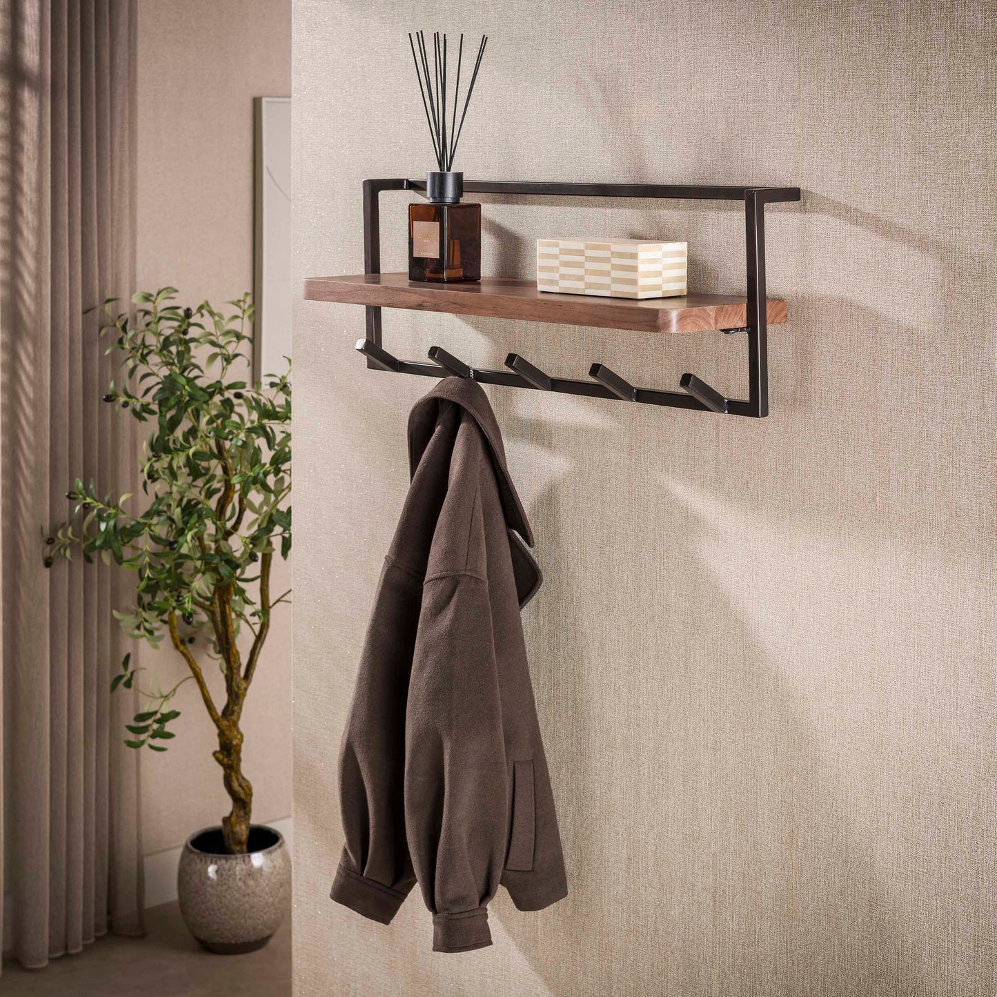 Garderobe – 6 haken – 85×25×32 cm – Massiv Akazie braun | Modell N0167
