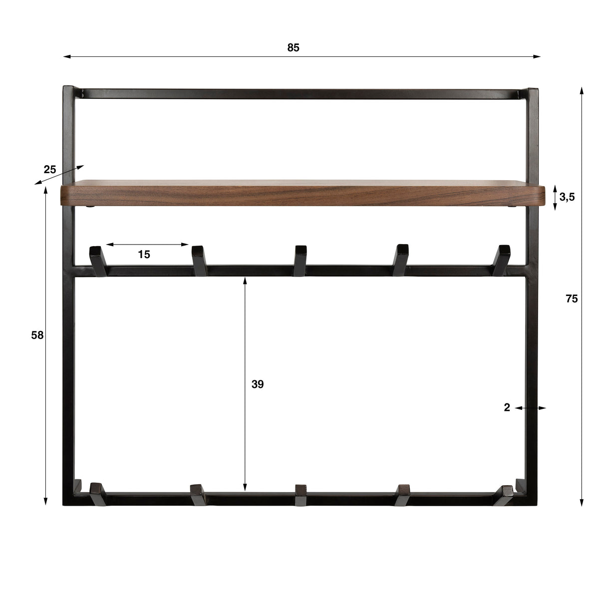 Garderobe – 5 haken – 85×25×75 cm – Massiv Akazie braun | Modell N0168