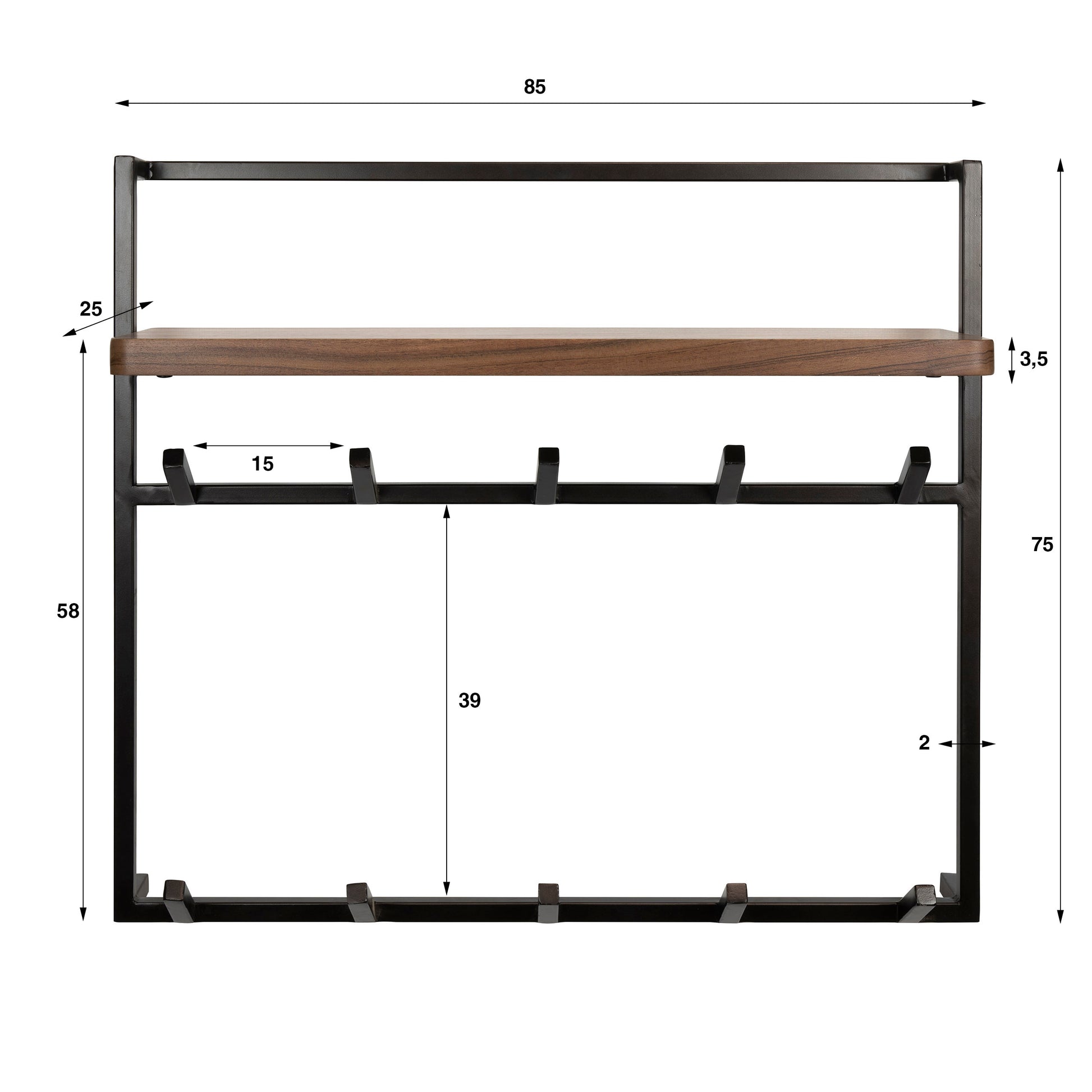 Garderobe – 5 haken – 85×25×75 cm – Massiv Akazie braun | Modell N0168