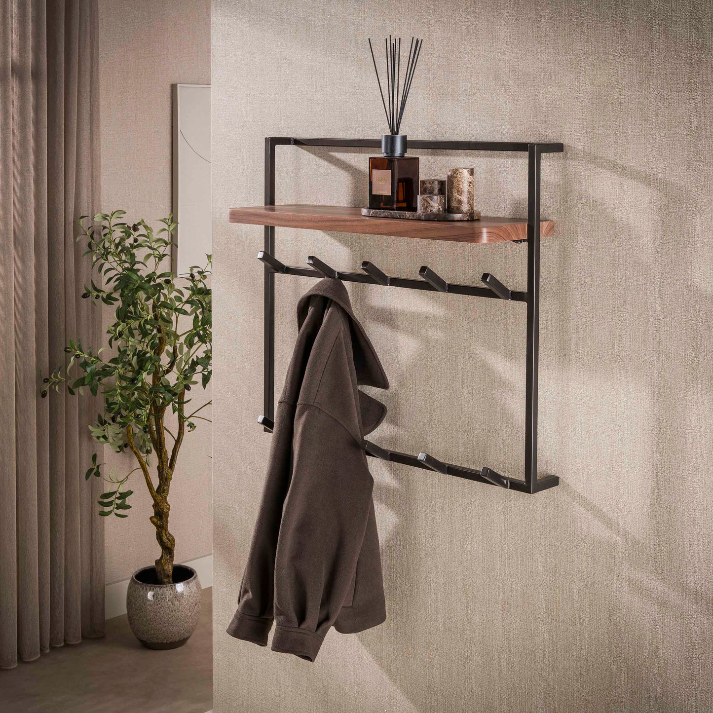 Garderobe – 5 haken – 85×25×75 cm – Massiv Akazie braun | Modell N0168