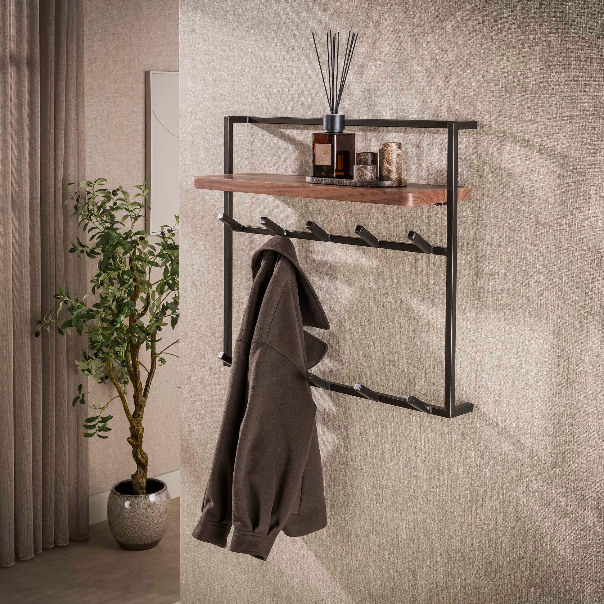 Garderobe – 5 haken – 85×25×75 cm – Massiv Akazie braun | Modell N0168