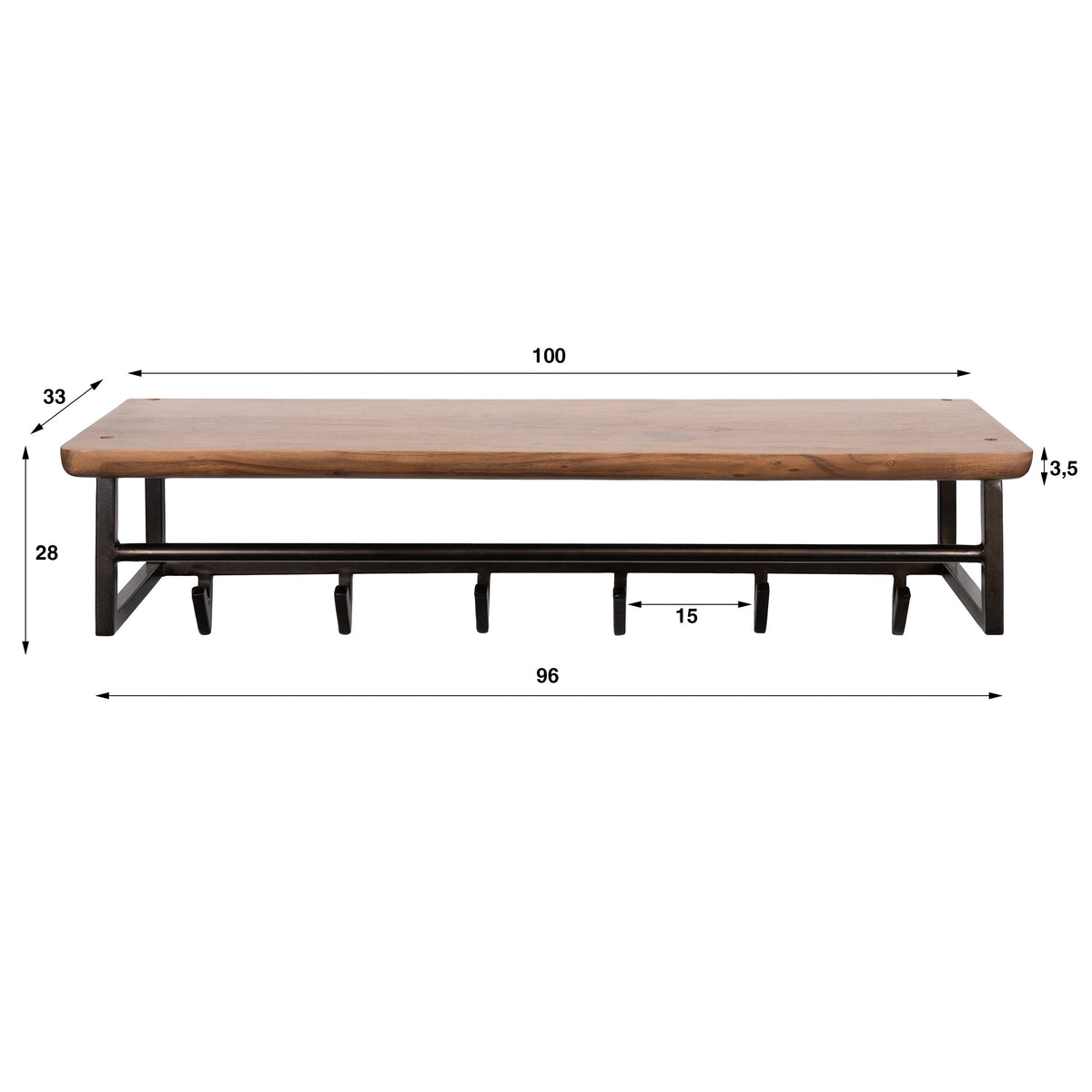 Garderobe – 6 haken – 100×33×28 cm – Massiv Akazie braun | Modell N0169