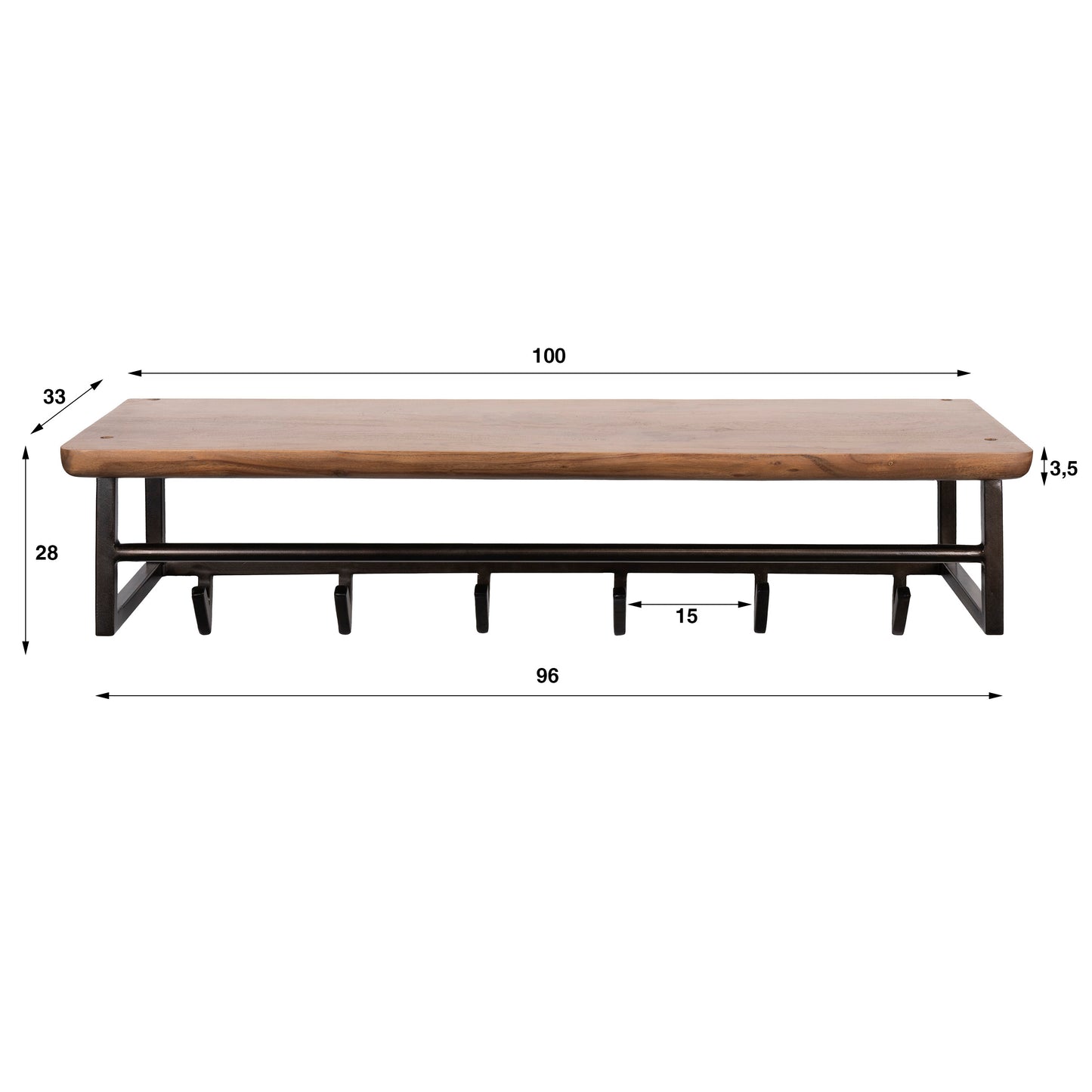 Garderobe – 6 haken – 100×33×28 cm – Massiv Akazie braun | Modell N0169