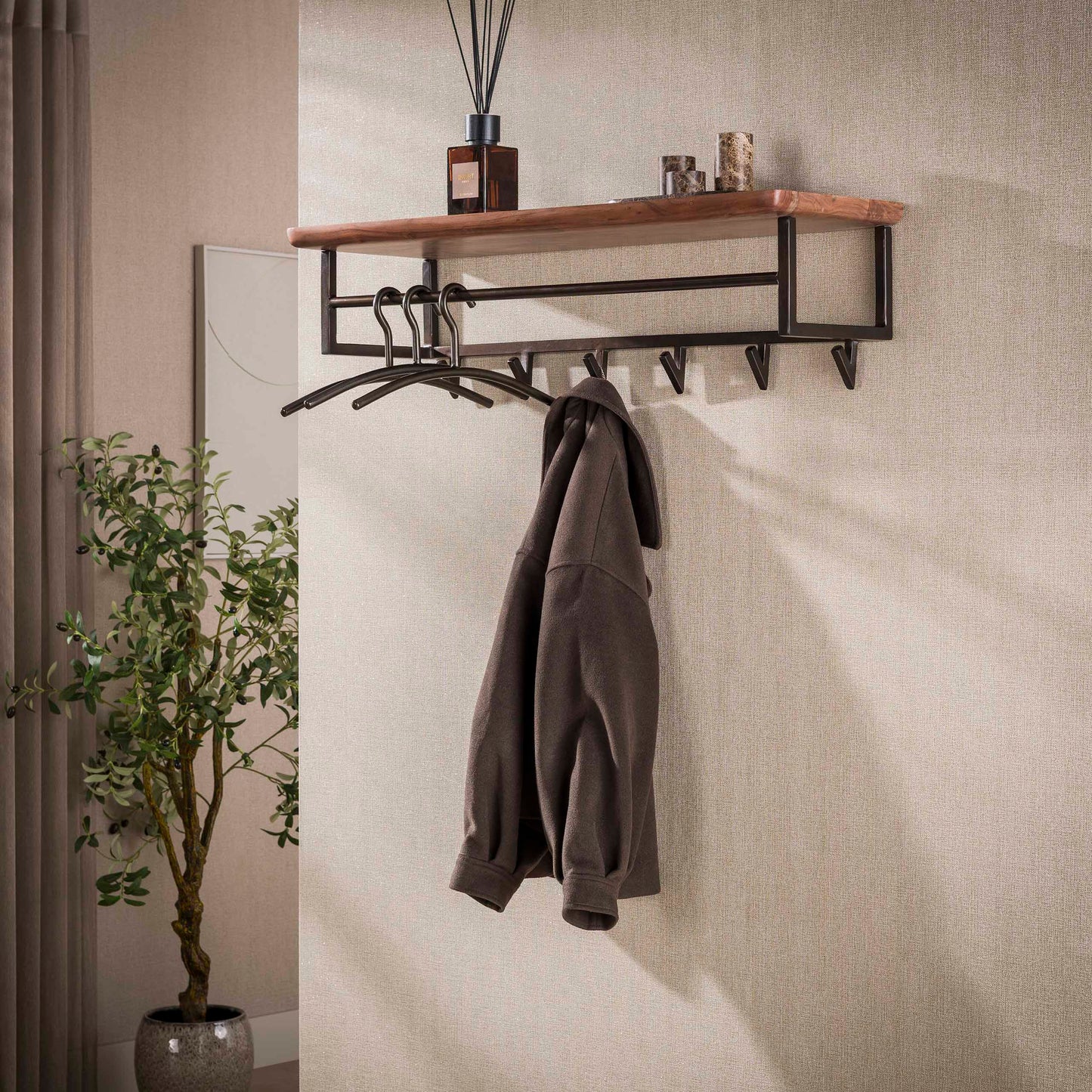 Garderobe – 6 haken – 100×33×28 cm – Massiv Akazie braun | Modell N0169