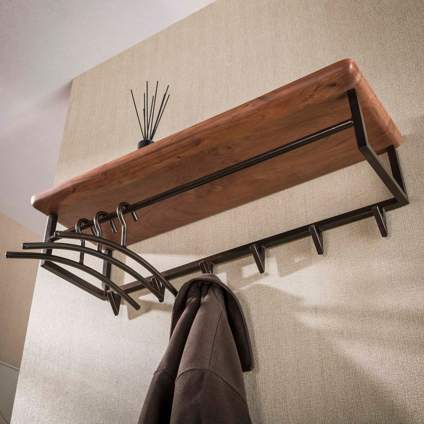 Garderobe – 6 haken – 100×33×28 cm – Massiv Akazie braun | Modell N0169