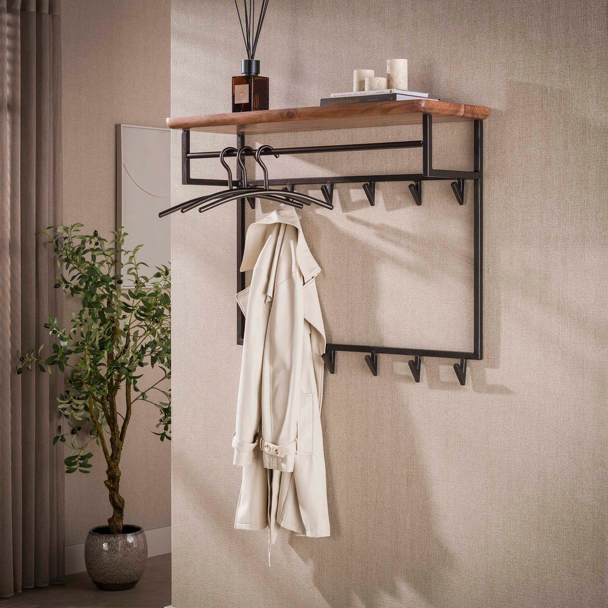 Garderobe – 12 haken 2 haken – 100×33×80 cm – Massiv Akazie braun | Modell N0170