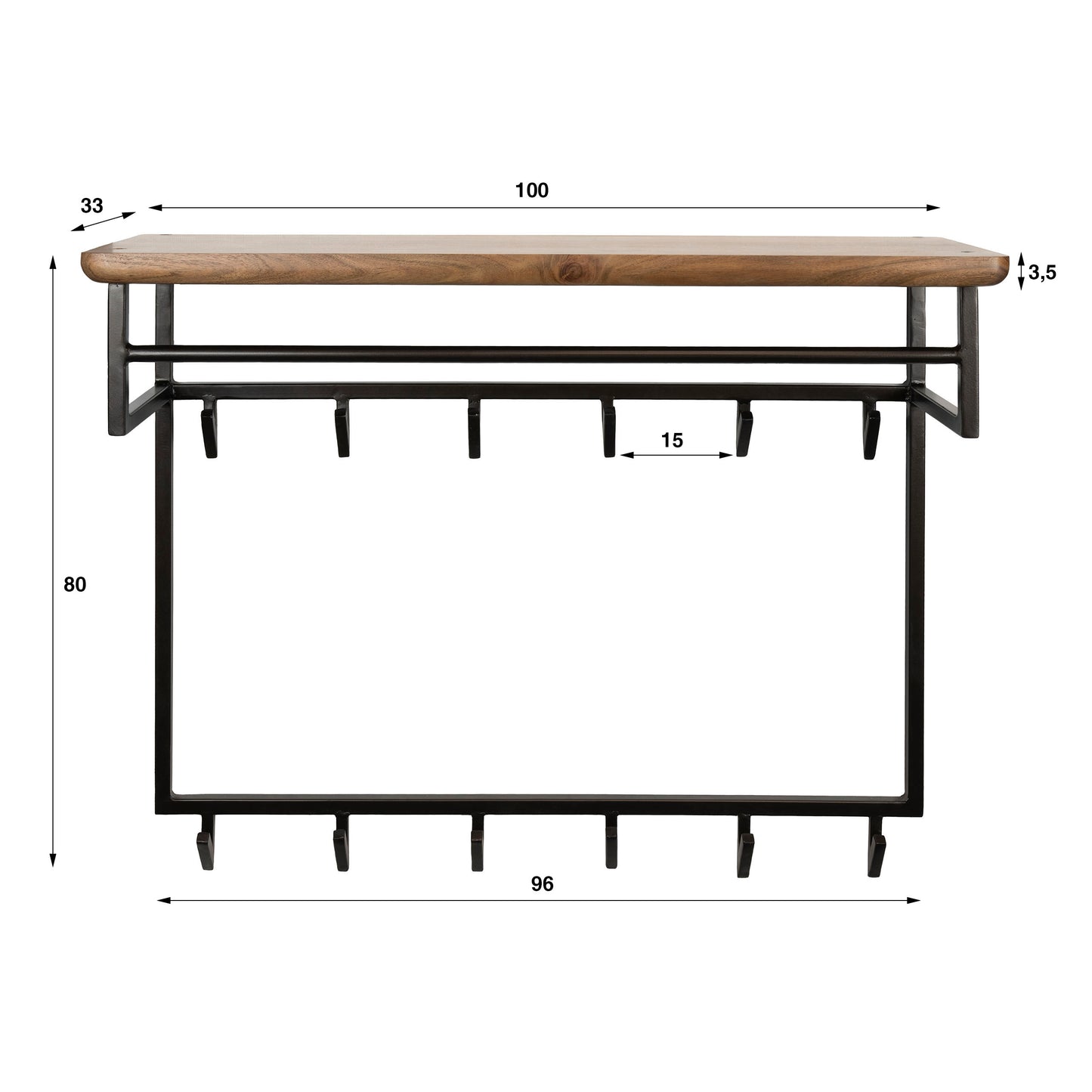 Garderobe – 12 haken 2 haken – 100×33×80 cm – Massiv Akazie braun | Modell N0170