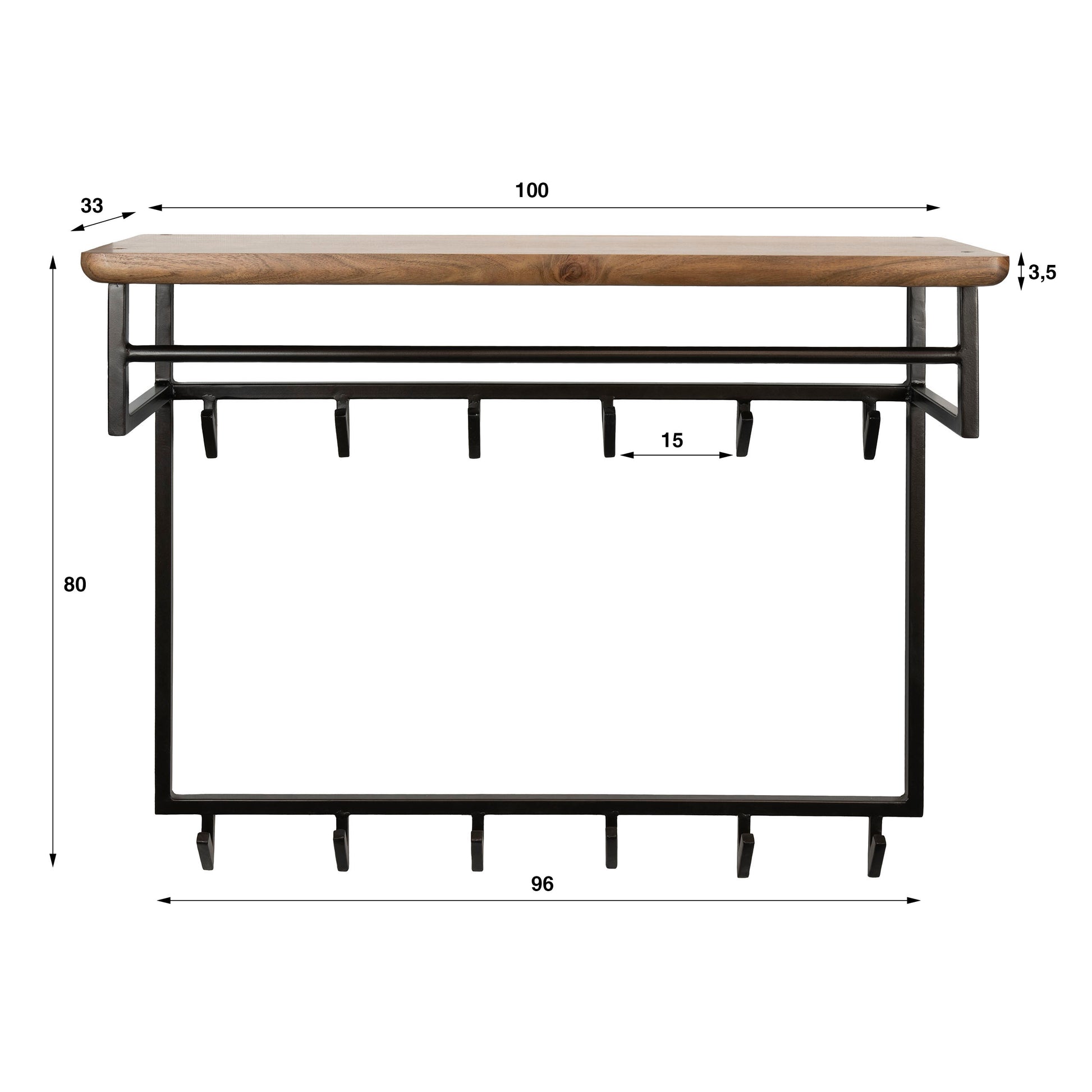 Garderobe – 12 haken 2 haken – 100×33×80 cm – Massiv Akazie braun | Modell N0170