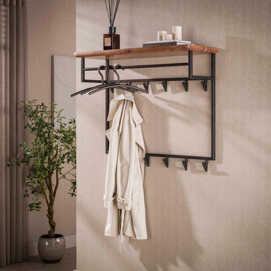 Garderobe – 12 haken 2 haken – 100×33×80 cm – Massiv Akazie braun | Modell N0170