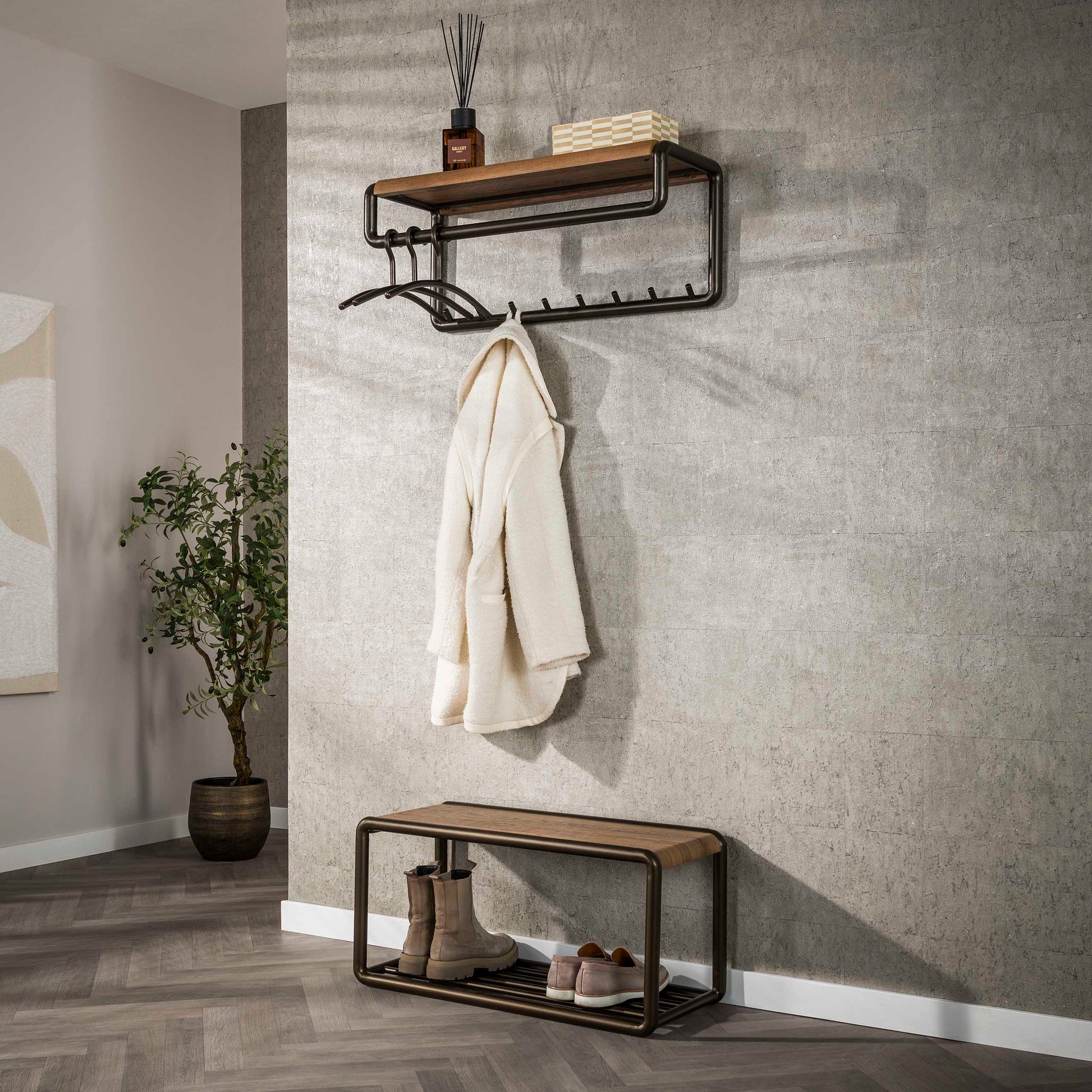 Garderobe – hutablage 8 haken – 80×30×33 cm – Drift brown | Modell N0209