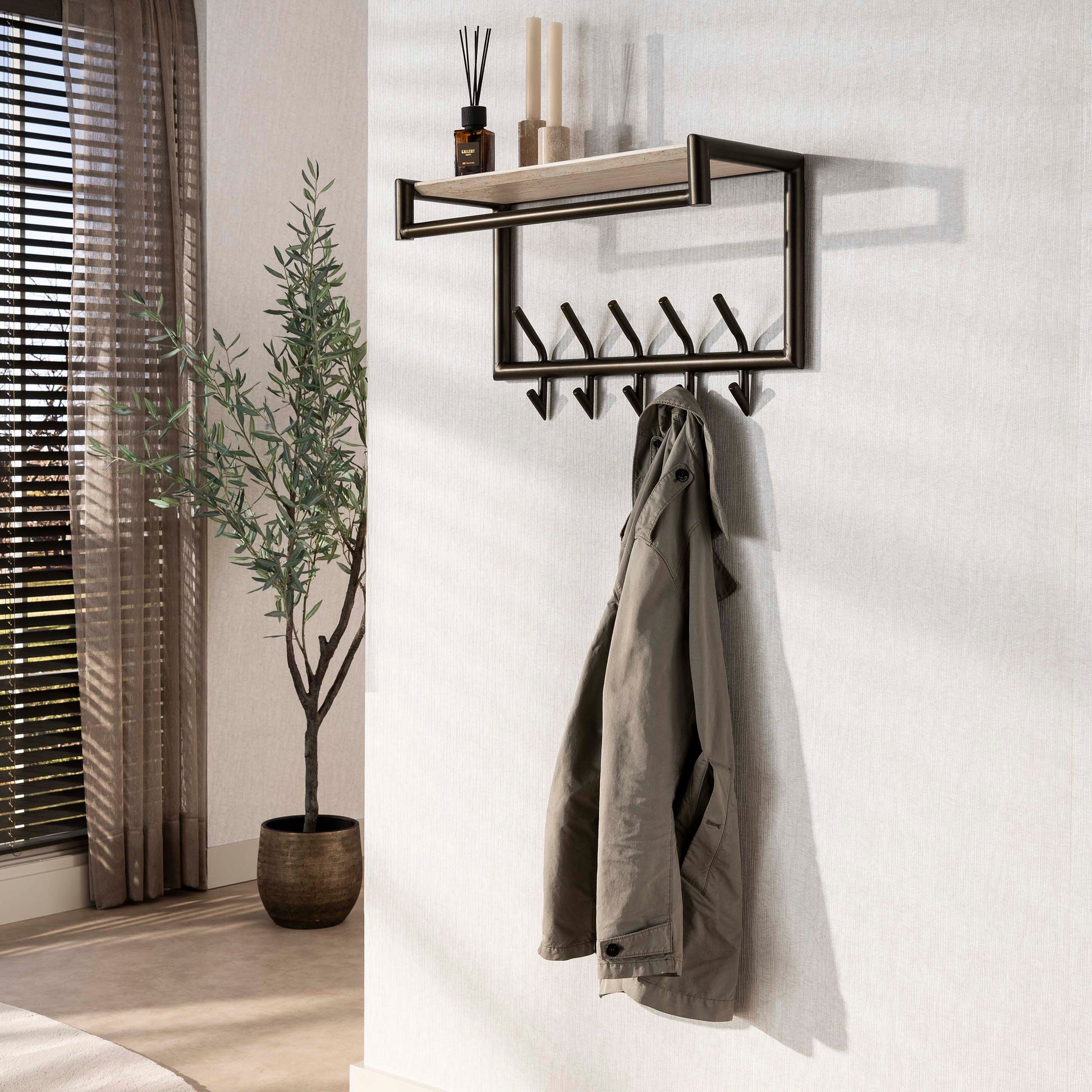 Garderobe – hutablage 5 haken – 65×27×40 cm – Melamin Travertin | Modell N0225