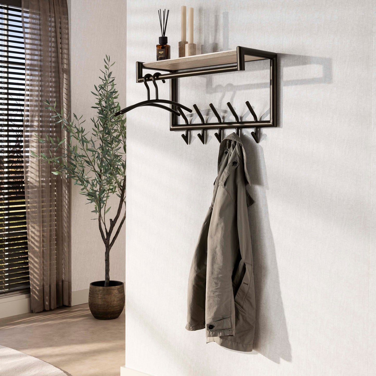 Garderobe – hutablage 5 haken – 65×27×40 cm – Melamin Travertin | Modell N0225