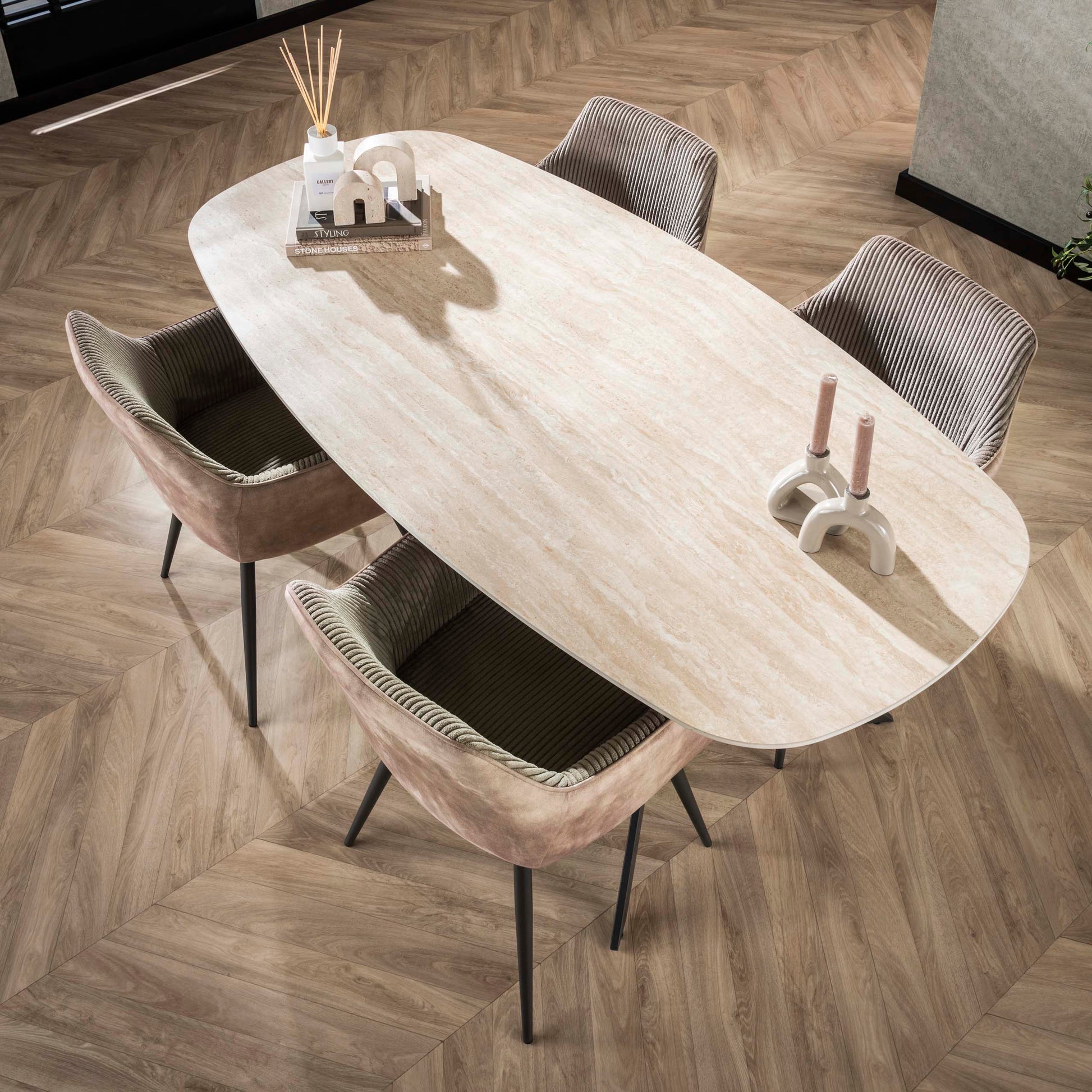 Esstisch – dänisch oval oval – 180×90×76 cm – Keramik travertin | Modell N0257