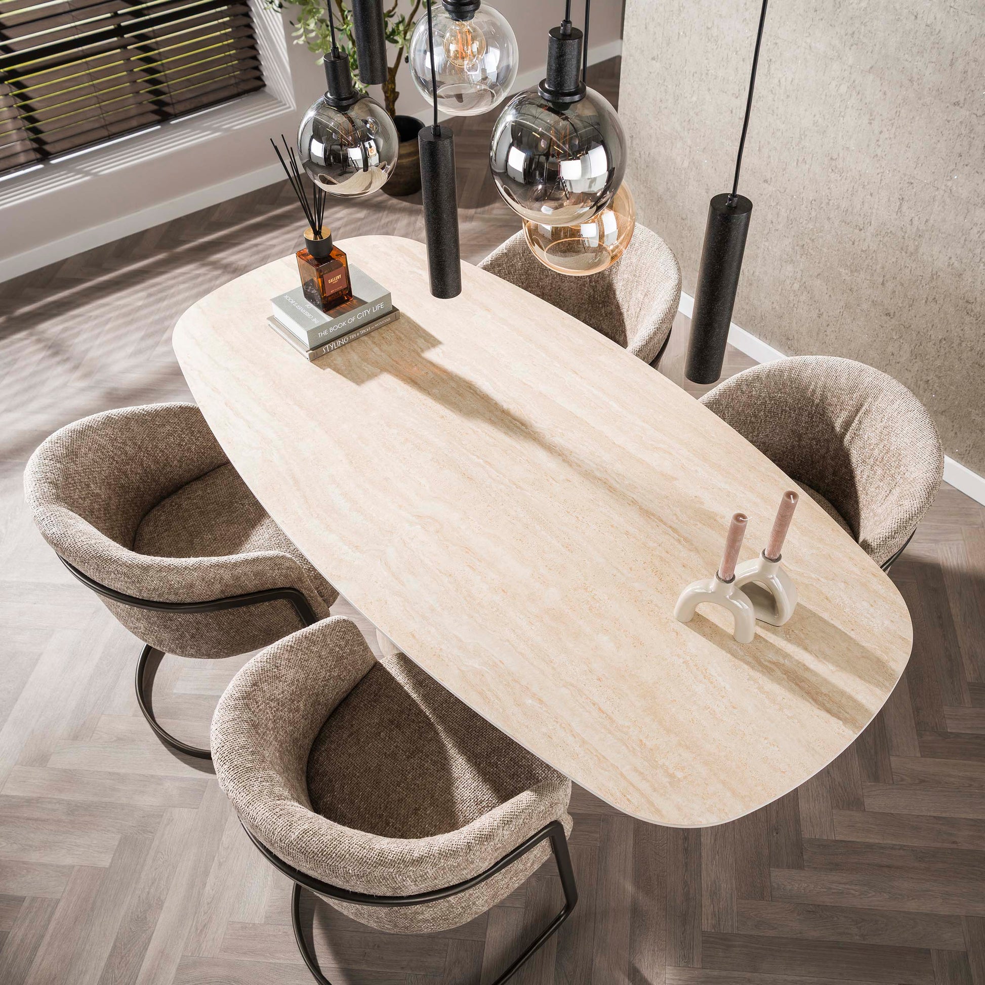 Esstisch – dänisch oval oval – 180×90×76 cm – Keramik travertin | Modell N0262