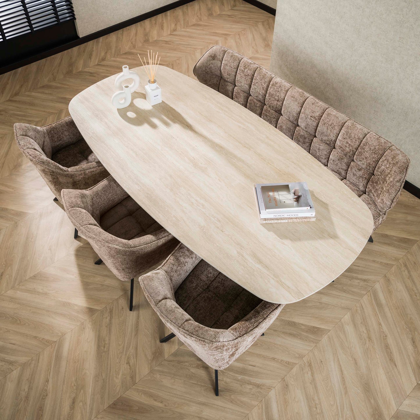 Esstisch – dänisch oval oval – 215×105×77 cm – 3D Keramik travertin | Modell N0264