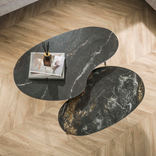 Couchtisch – nierenförmig – 91×55×40 cm – Keramik fossil black | Modell N0305