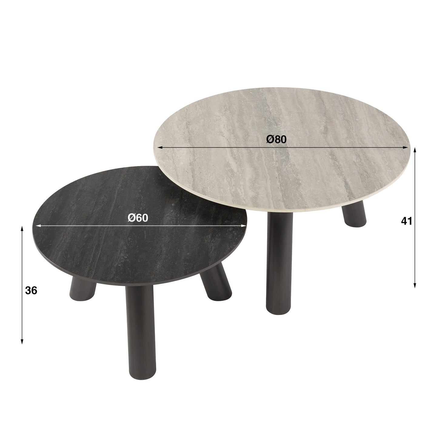 Couchtisch – rund – 80×80×35 cm – 3D Keramik travertin schwarz/grau | Modell N0327