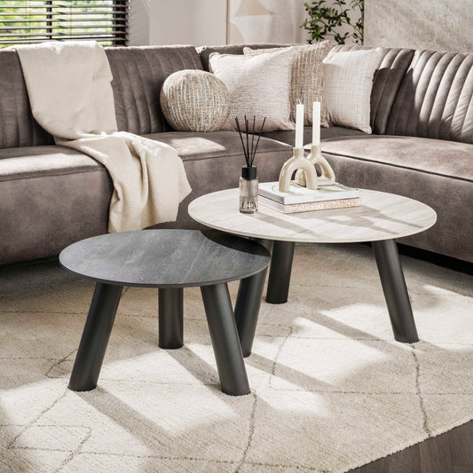 Couchtisch – rund – 80×80×35 cm – 3D Keramik travertin schwarz/grau | Modell N0327