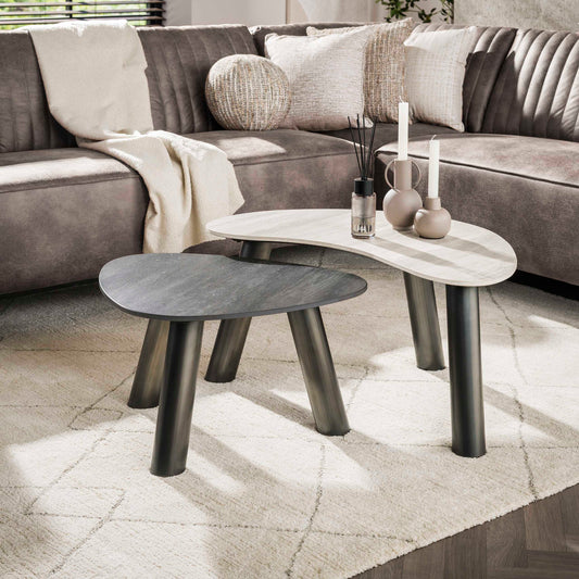 Couchtisch – organisch – 88×75×41 cm – 3D Keramik travertin schwarz/grau | Modell N0329